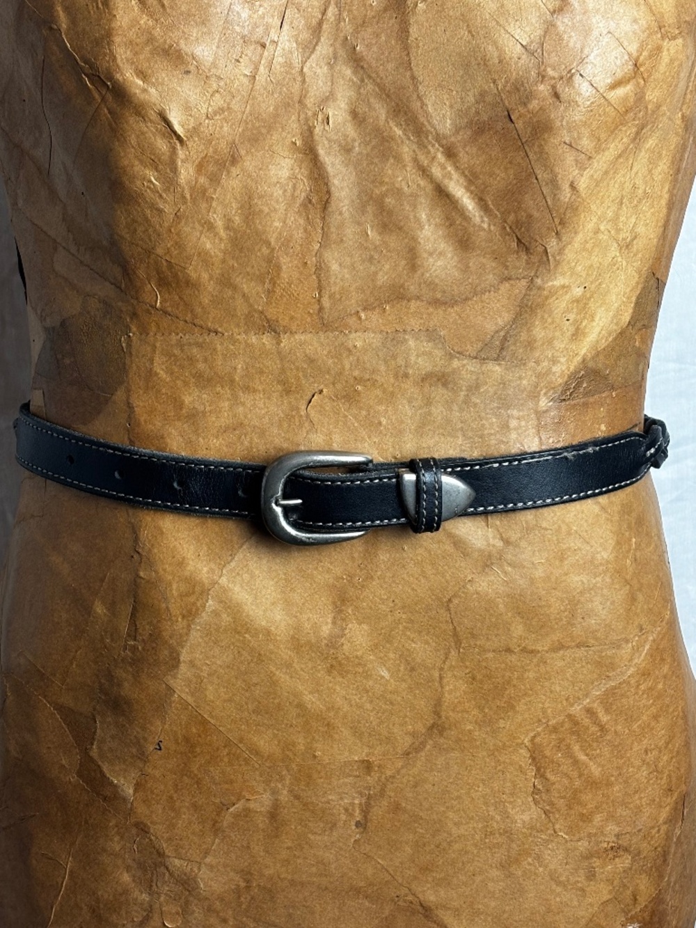 Vintage Black Leather Belt w/ Silver Hardware and Braided Accents. Sz. S